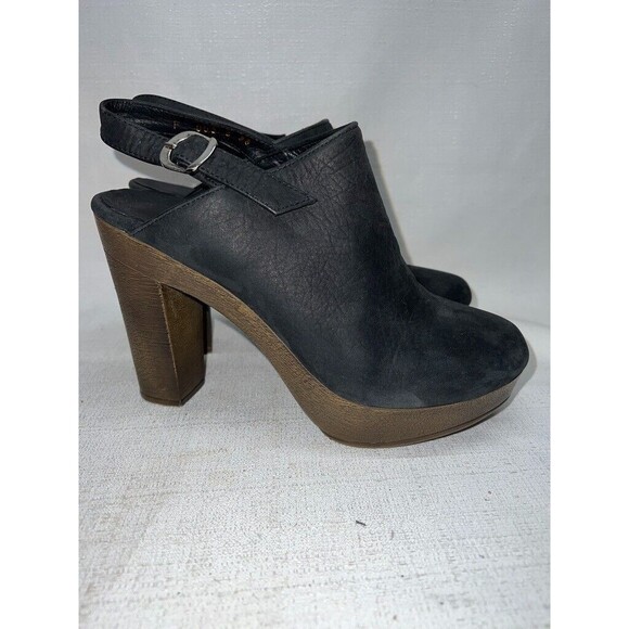 Black Leather Slingback Chunky Platform Mules Clogs Sz. 38/7 - Picture 2 of 8